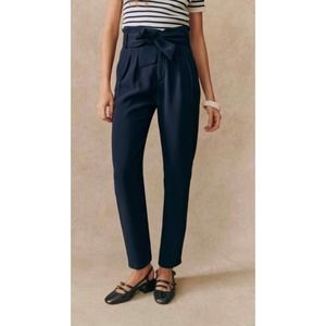 Sezane Austin Trousers Women's 38 / US 6 Paperbag Tie Waist High Rise Navy Blue